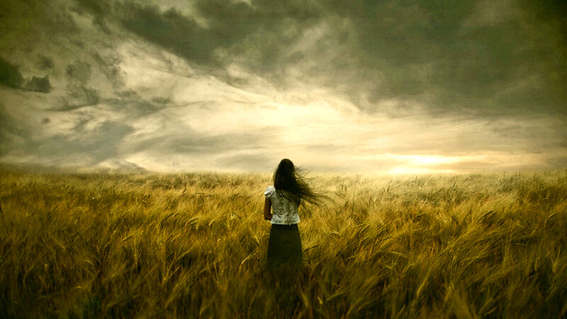 Woman in Wheat Field — Yellow, Dramatic, Sunset, Photograph