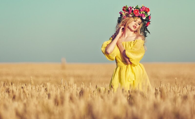 Woman in Wheat Field — Yellow, Serene, Afternoon, Photograph, Flower Crown, Yellow Dress, Wheat Field