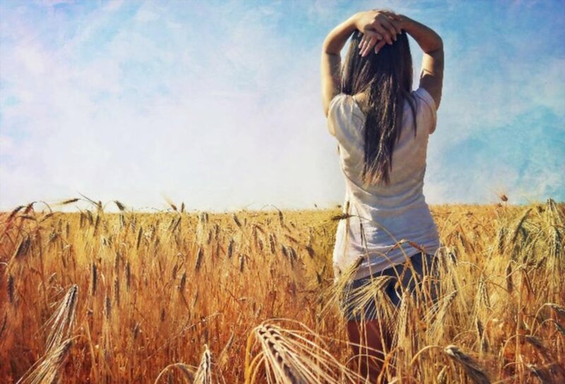 Woman in Wheat Field — Yellow, Serene, Afternoon, Photograph, Sky