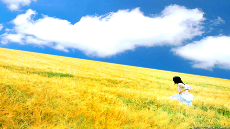 Woman in Wheat Field — Yellow, Serene, Afternoon, Photograph, Wheat Field, Clouds