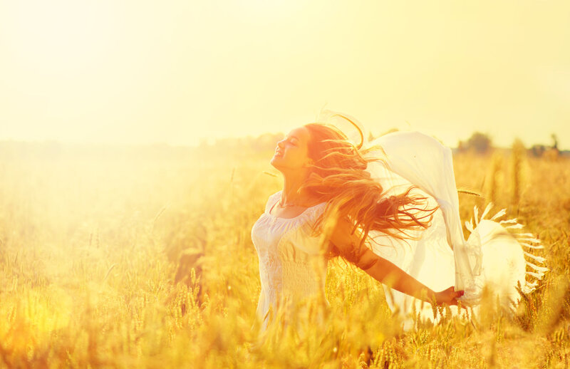 Woman in Wheat Field — Yellow, Serene, Sunset, Photograph