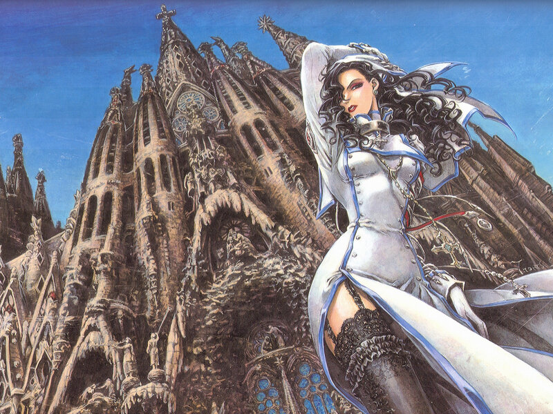 woman in white armor before cathedral