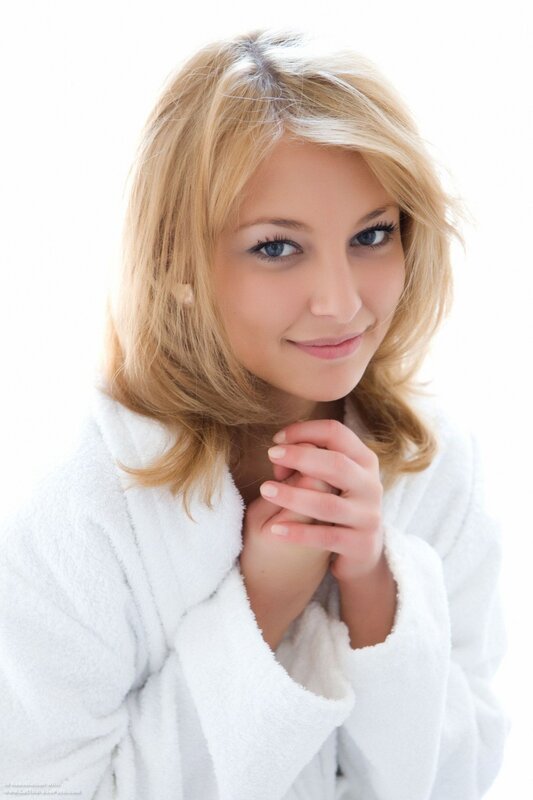 woman in white bathrobe