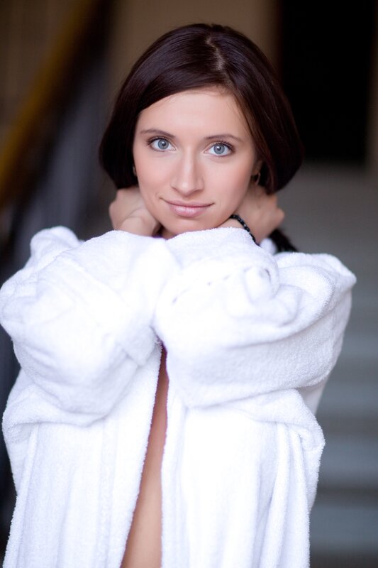 woman in white bathrobe