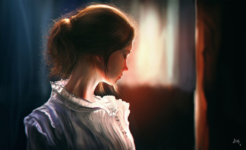 Woman in White Blouse — Dramatic, Sunset, Digital Art
