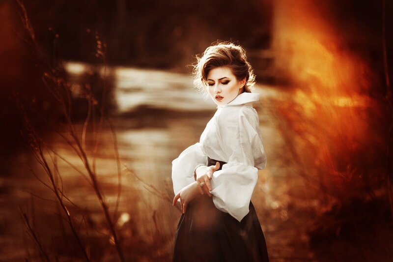 Woman in White Blouse — Dramatic, Sunset, Photograph