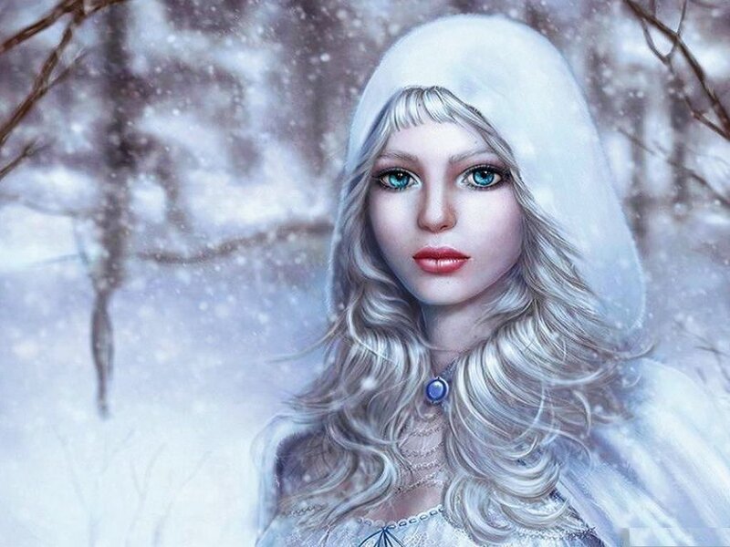 Woman in White Cloak — Serene, Winter, Digital Art, Snow