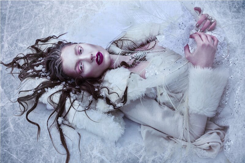 Woman in White Coat — Dramatic, Winter, Photograph, Snow