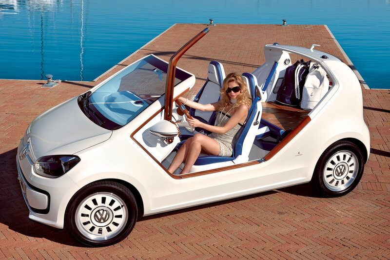 Woman in white convertible car