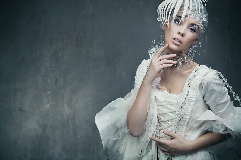 Woman in White Costume — Dramatic, Photograph, Headpiece