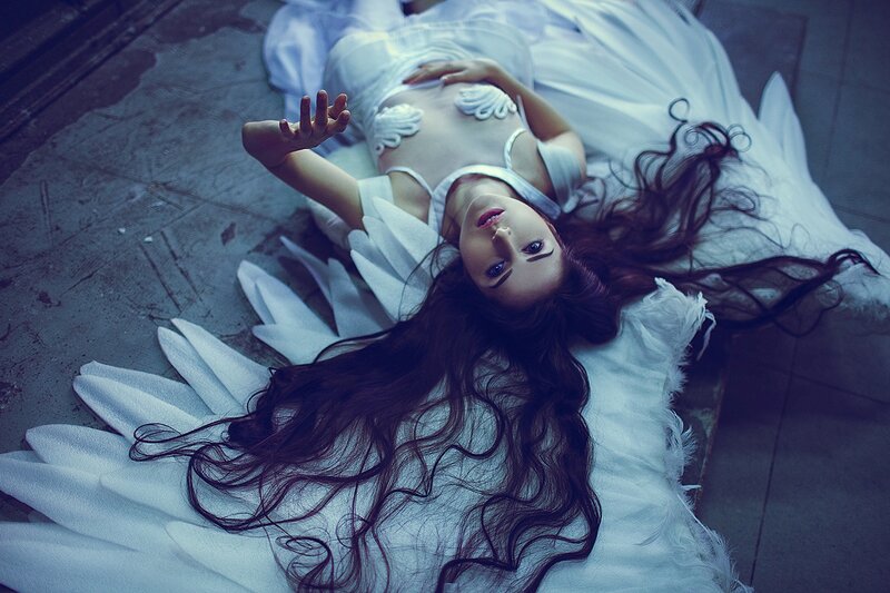 Woman in White Costume — Dramatic, Photograph, Long Hair