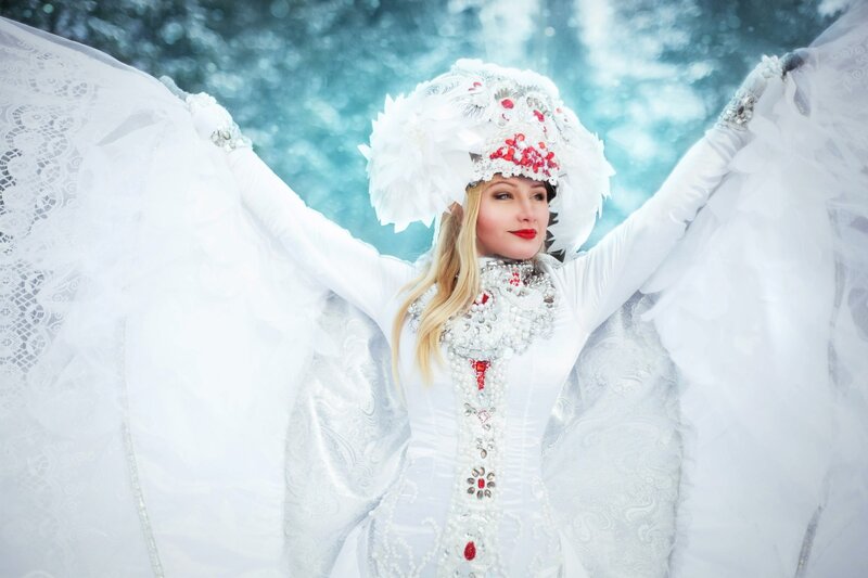 Woman in White Costume — Dramatic, Winter, Photograph
