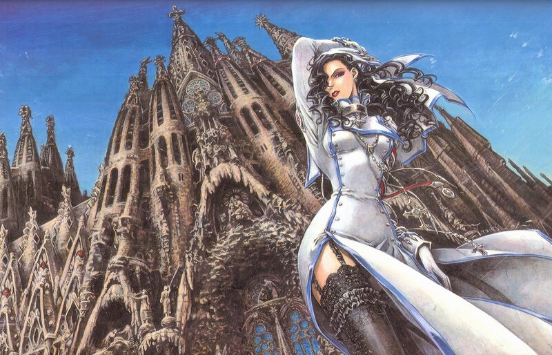 woman in white dress before cathedral