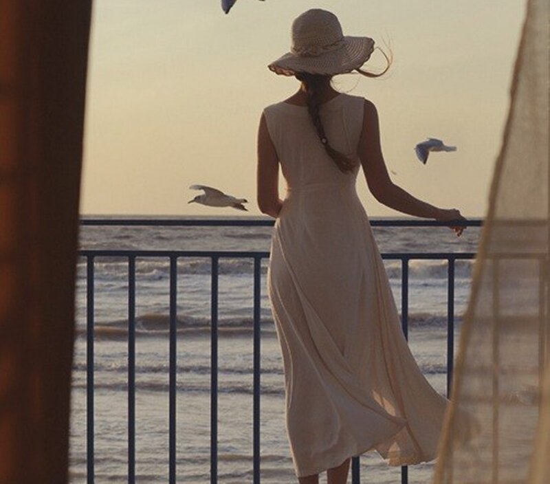 Woman in White Dress — Beige, Serene, Sunset