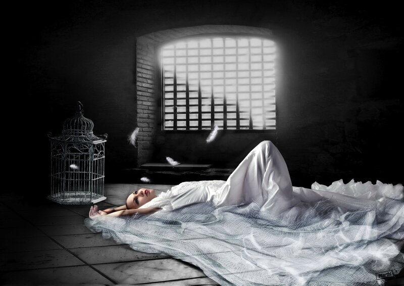 Woman in White Dress — Black, Dramatic, Digital Art, Birdcage