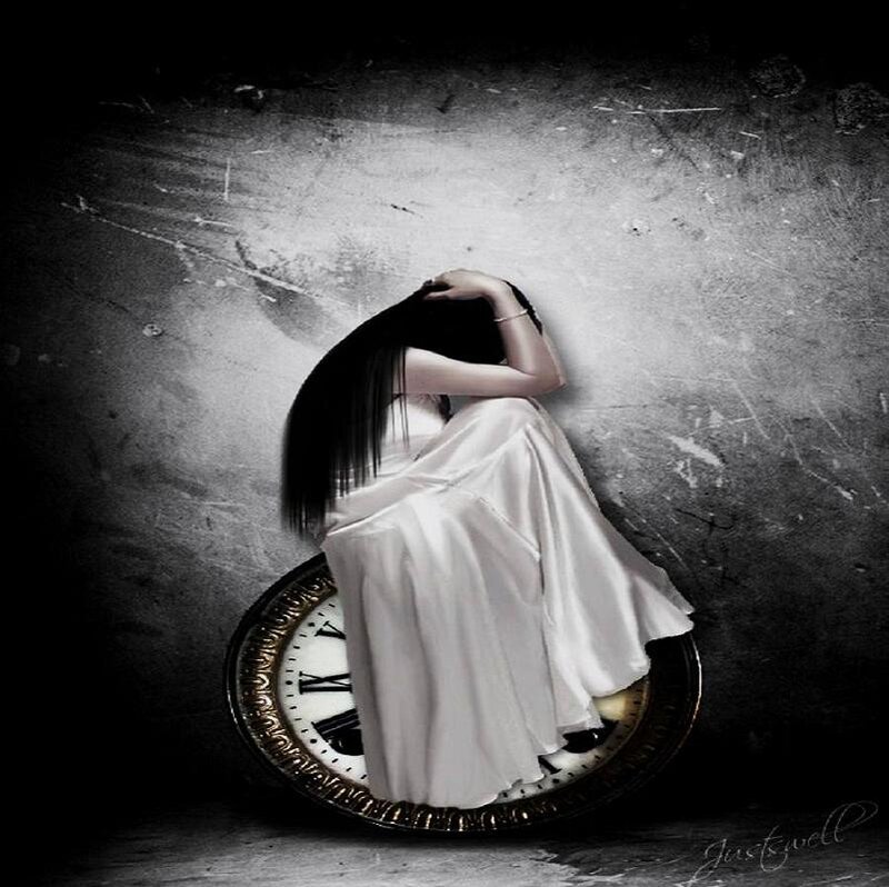 Woman in White Dress — Black, Dramatic, Digital Art, Clock