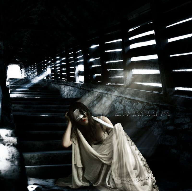Woman in White Dress — Black, Dramatic, Digital Art, Stairs