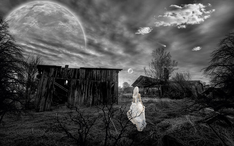 Woman in White Dress — Black, Dramatic, Night, Digital Art, Abandoned Buildings