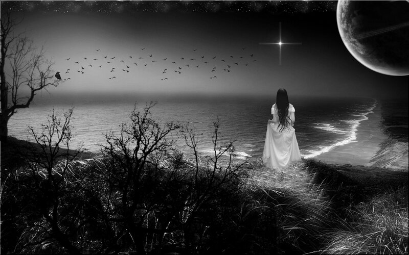Woman in White Dress — Black, Dramatic, Night, Digital Art, Bird