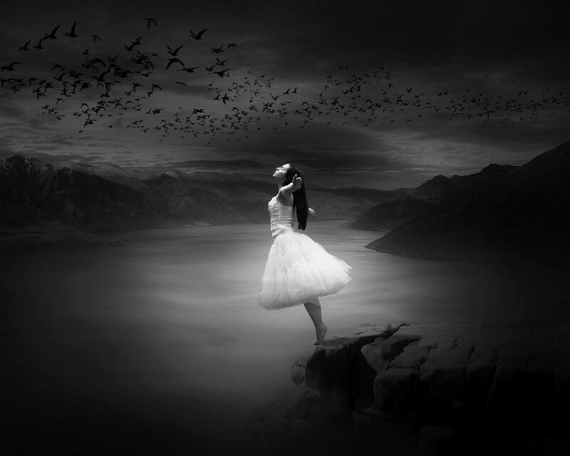 Woman in White Dress — Black, Dramatic, Night, Digital Art, Birds