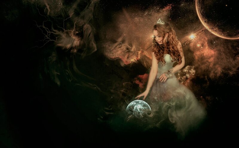 Woman in White Dress — Black, Dramatic, Night, Digital Art, Crown, Planet