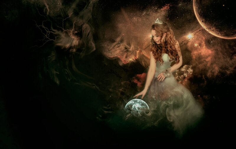 Woman in White Dress — Black, Dramatic, Night, Digital Art, Crown