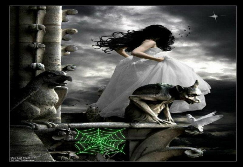Woman in White Dress — Black, Dramatic, Night, Digital Art, Gargoyle