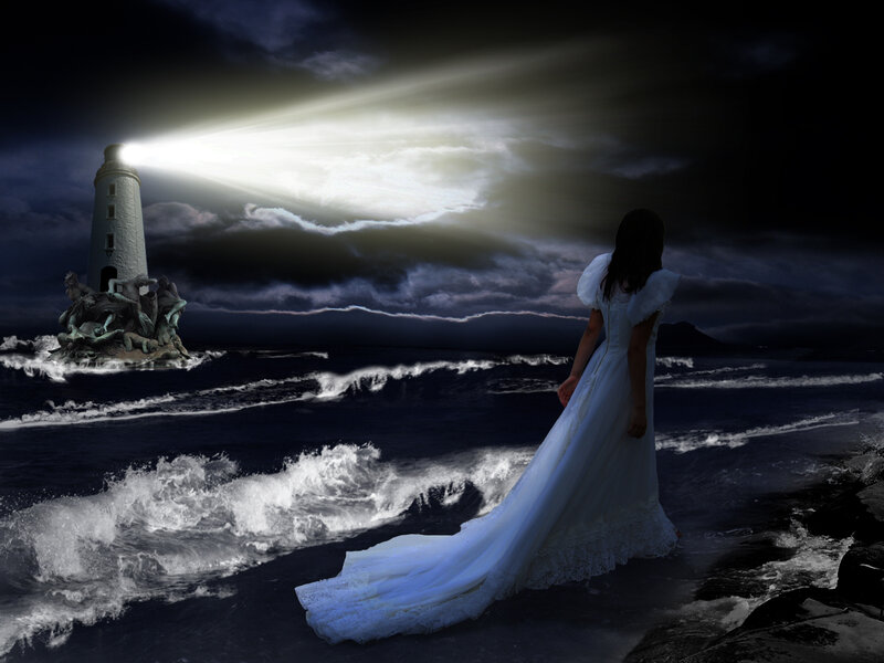 Woman in White Dress — Black, Dramatic, Night, Digital Art, Lighthouse