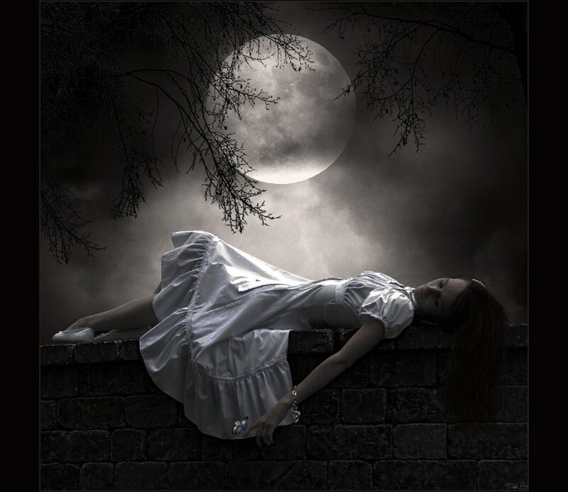 Woman in White Dress — Black, Dramatic, Night, Digital Art, Moon, Brick Wall