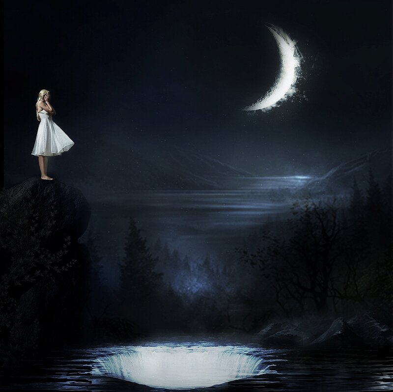 Woman in White Dress — Black, Dramatic, Night, Digital Art, Moon, River