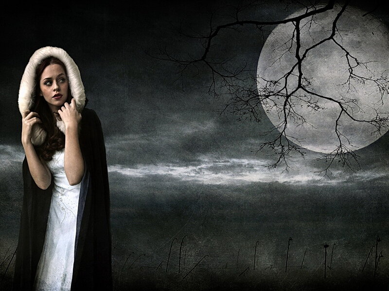Woman in White Dress — Black, Dramatic, Night, Digital Art, Moon, Tree Branches