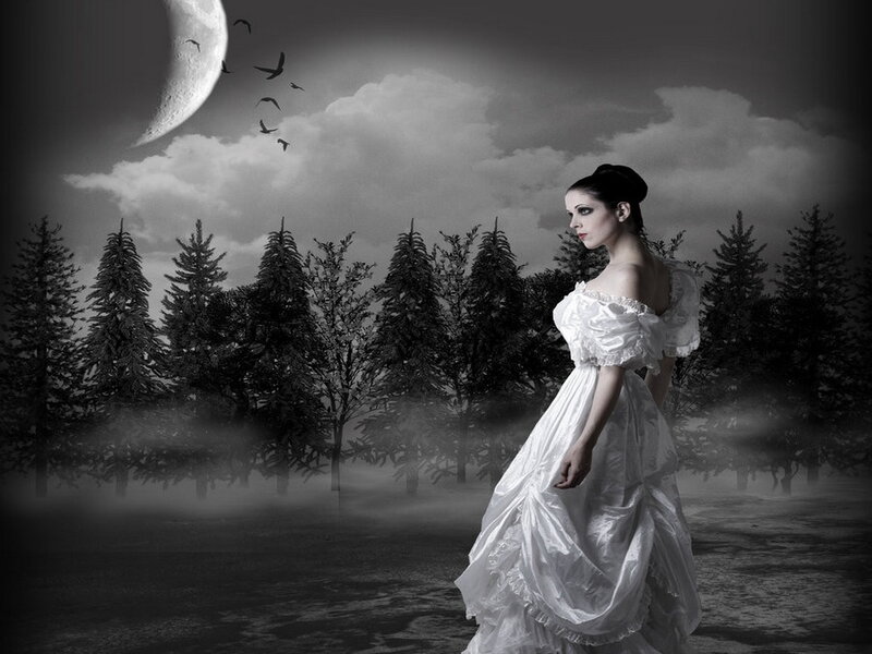 Woman in White Dress — Black, Dramatic, Night, Digital Art, Moon, Trees