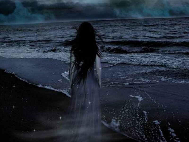 Woman in White Dress — Black, Dramatic, Night, Digital Art, Ocean