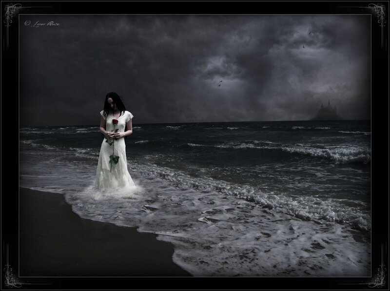 Woman in White Dress — Black, Dramatic, Night, Digital Art, Rose
