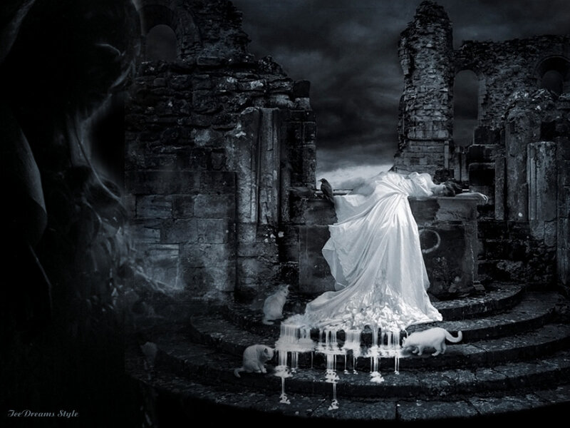 Woman in White Dress — Black, Dramatic, Night, Digital Art, Ruins