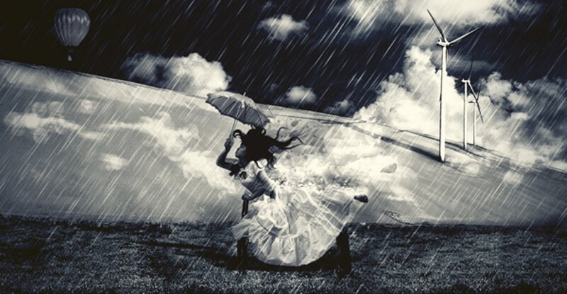 Woman in White Dress — Black, Dramatic, Night, Digital Art, Umbrella