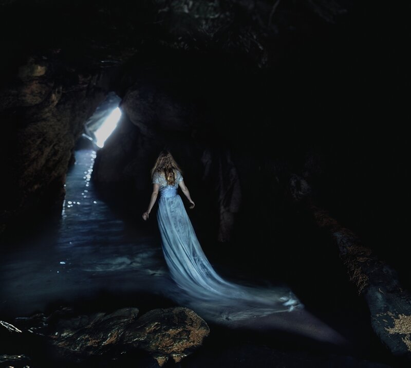 Woman in White Dress — Black, Dramatic, Night, Photograph, Cave