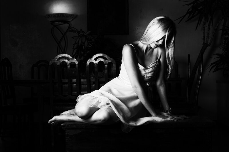 Woman in White Dress — Black, Dramatic, Night, Photograph, Chairs