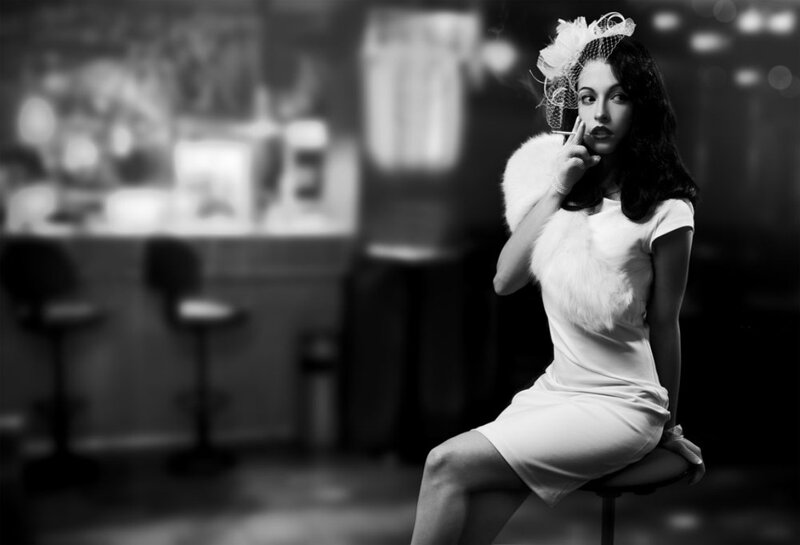 Woman in White Dress — Black, Dramatic, Night, Photograph, Cigarette