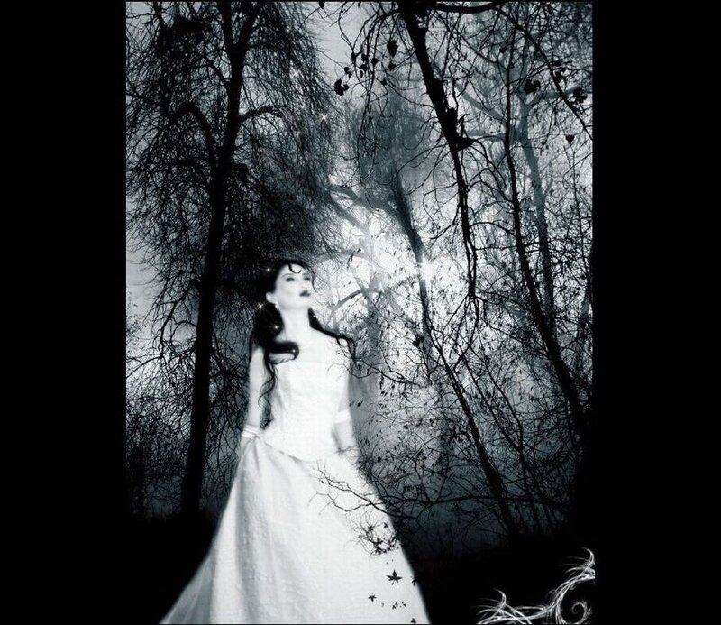 Woman in White Dress — Black, Dramatic, Night, Photograph, Forest