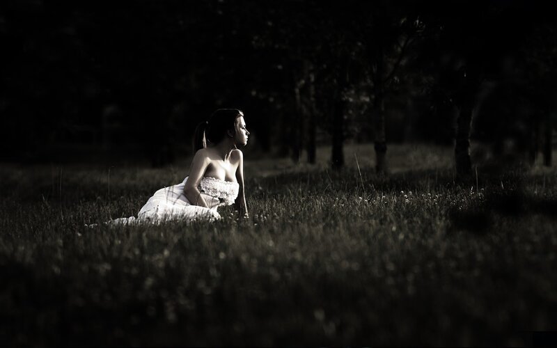 Woman in White Dress — Black, Dramatic, Night, Photograph, Grass