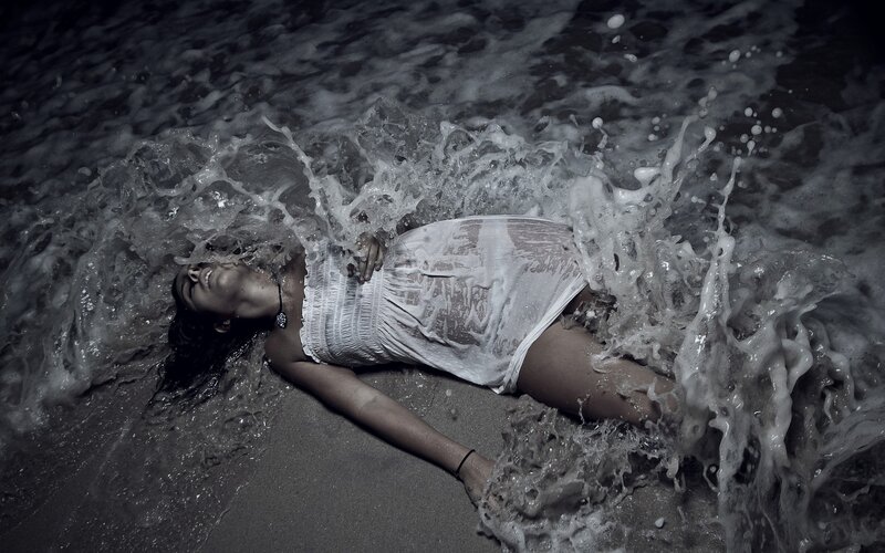 Woman in White Dress — Black, Dramatic, Night, Photograph, Waves