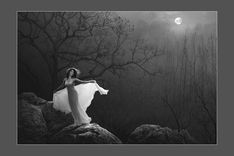 Woman in White Dress — Black, Dramatic, Night