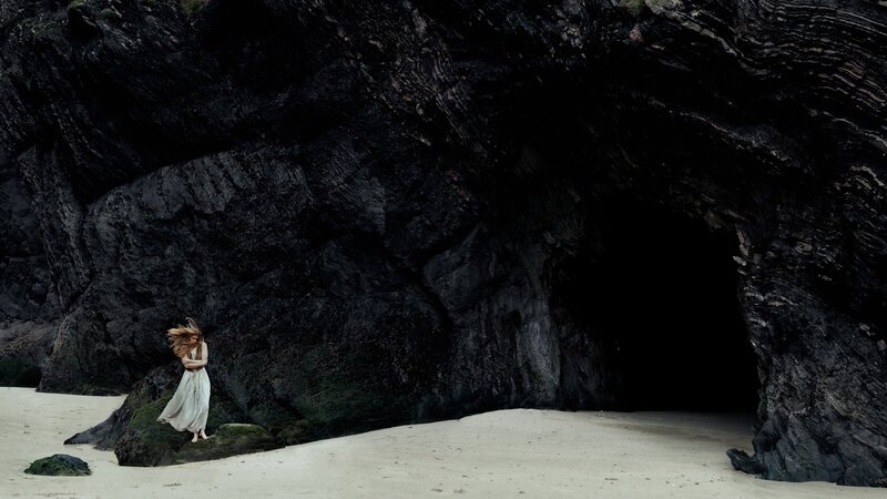 Woman in White Dress — Black, Dramatic, Photograph, Beach, Cave