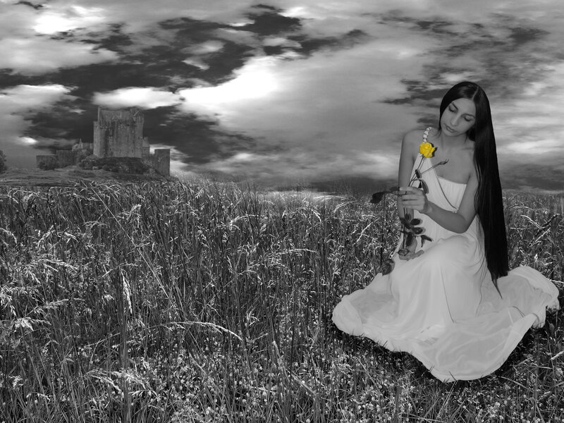 Woman in White Dress — Black, Dramatic, Photograph, Castle