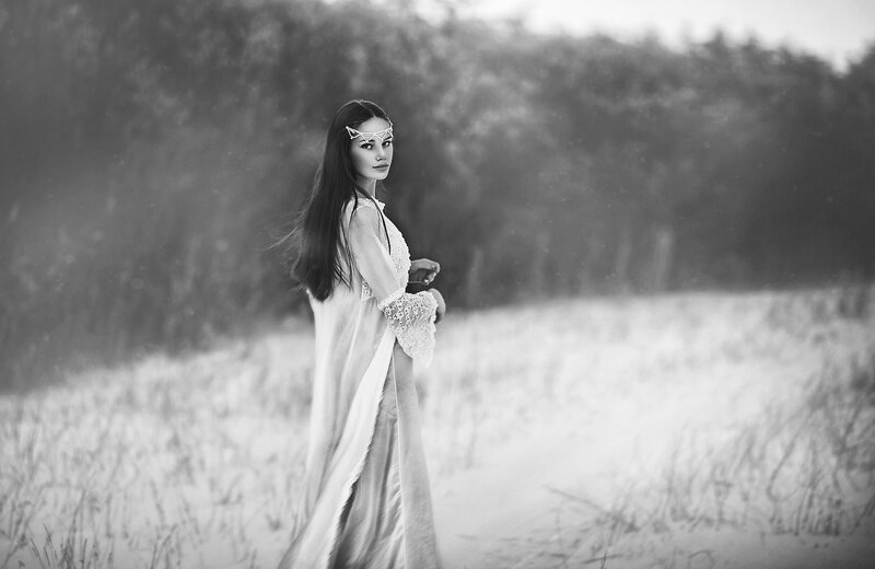 Woman in White Dress — Black, Dramatic, Photograph, Forest, Headpiece
