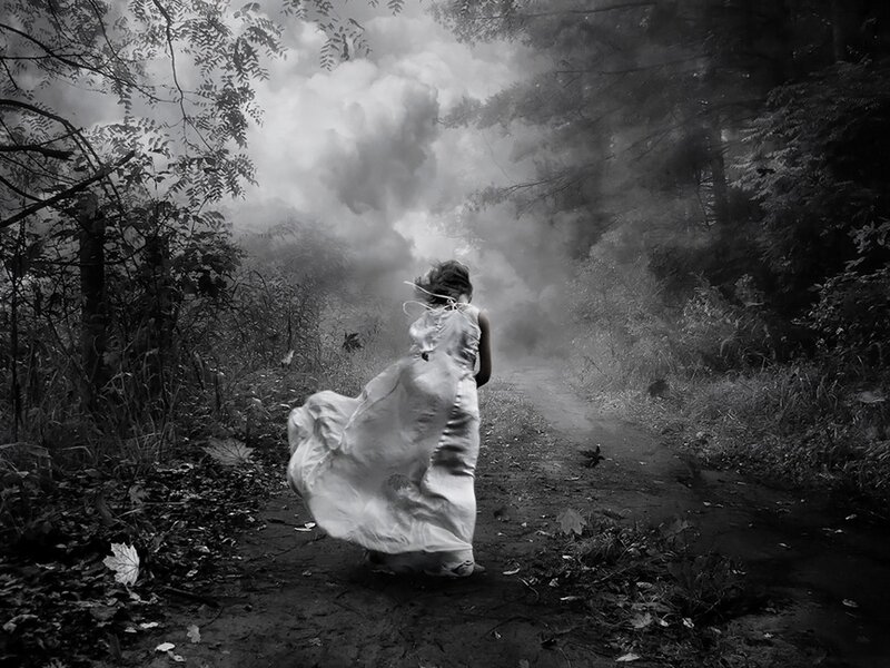 Woman in White Dress — Black, Dramatic, Photograph, Forest