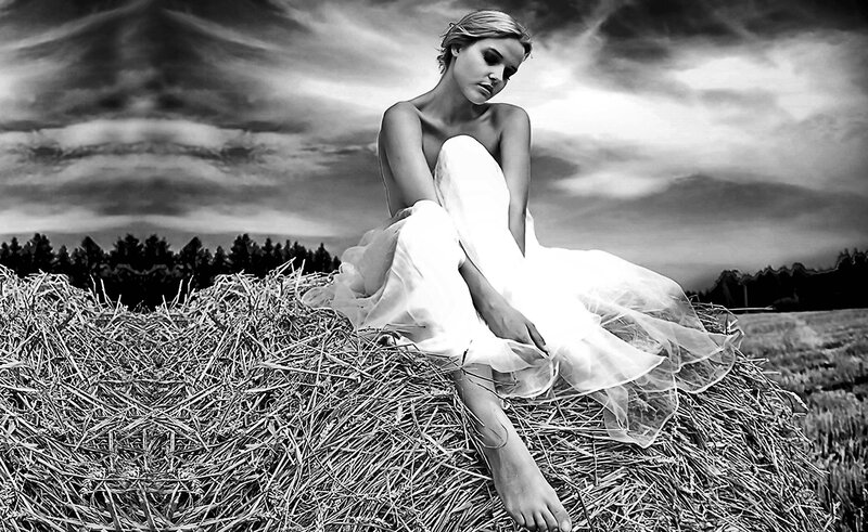 Woman in White Dress — Black, Dramatic, Photograph, Haystack