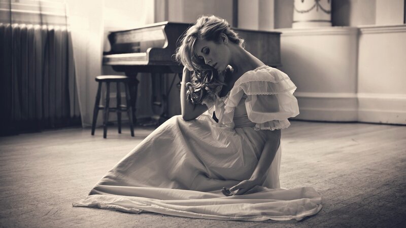Woman in White Dress — Black, Dramatic, Photograph, Piano, Stool