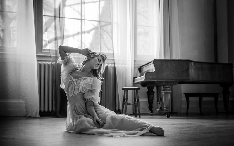 Woman in White Dress — Black, Dramatic, Photograph, Piano